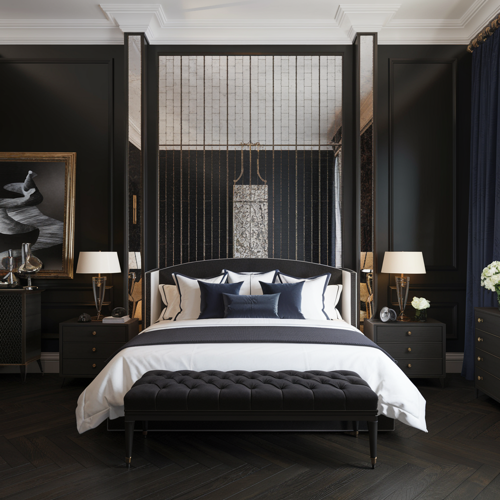 chambre à coucher chic et élégante sombre, noir