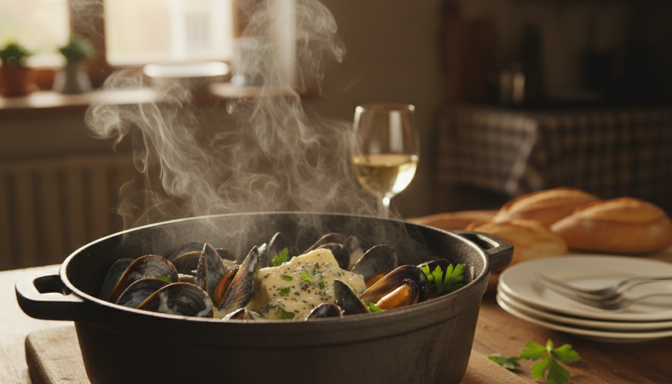 découvrez une recette savoureuse de moules au roquefort, facile à préparer chez vous pour un repas gourmand et original.